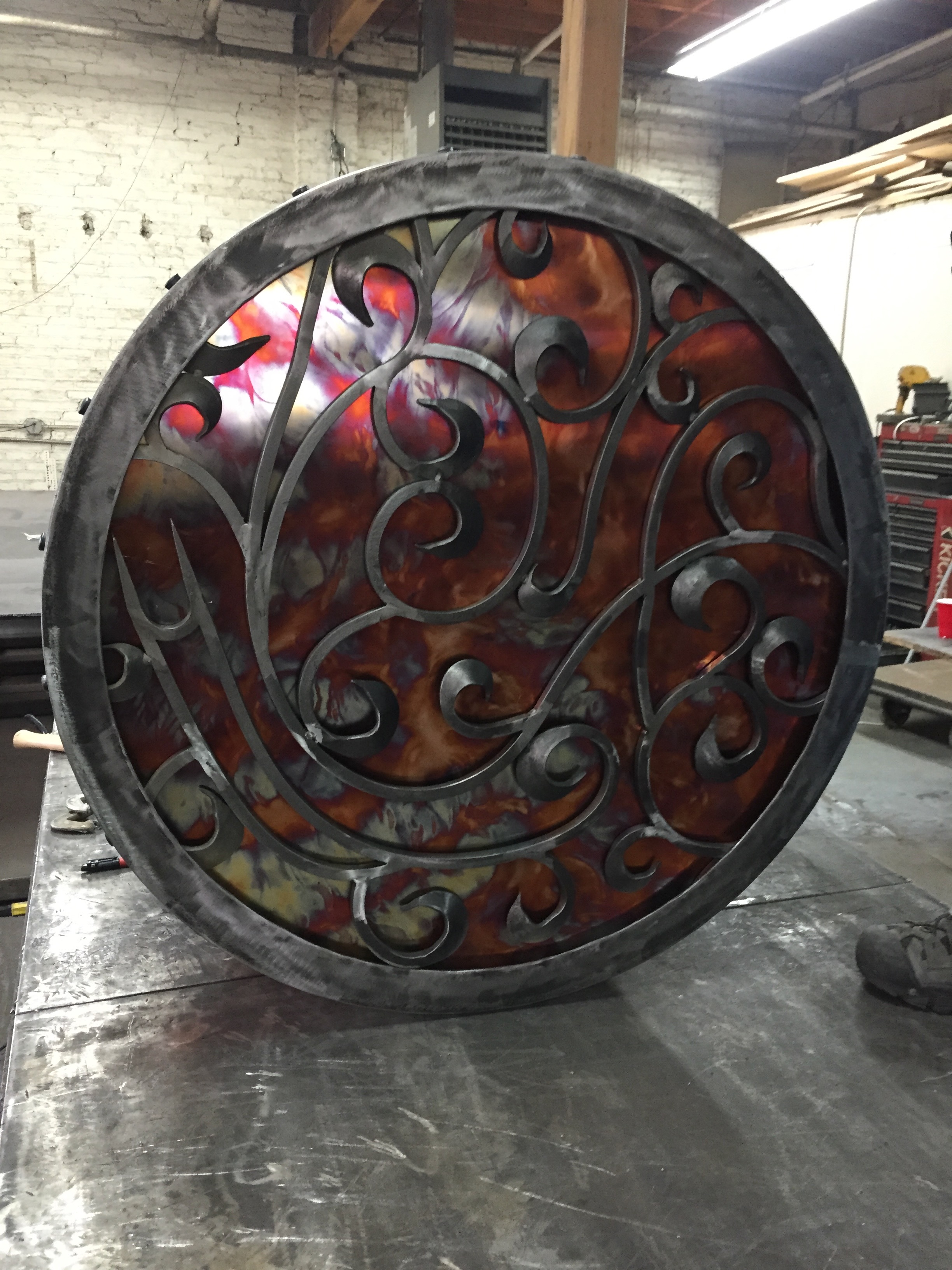 Round table top displayed in workshop
