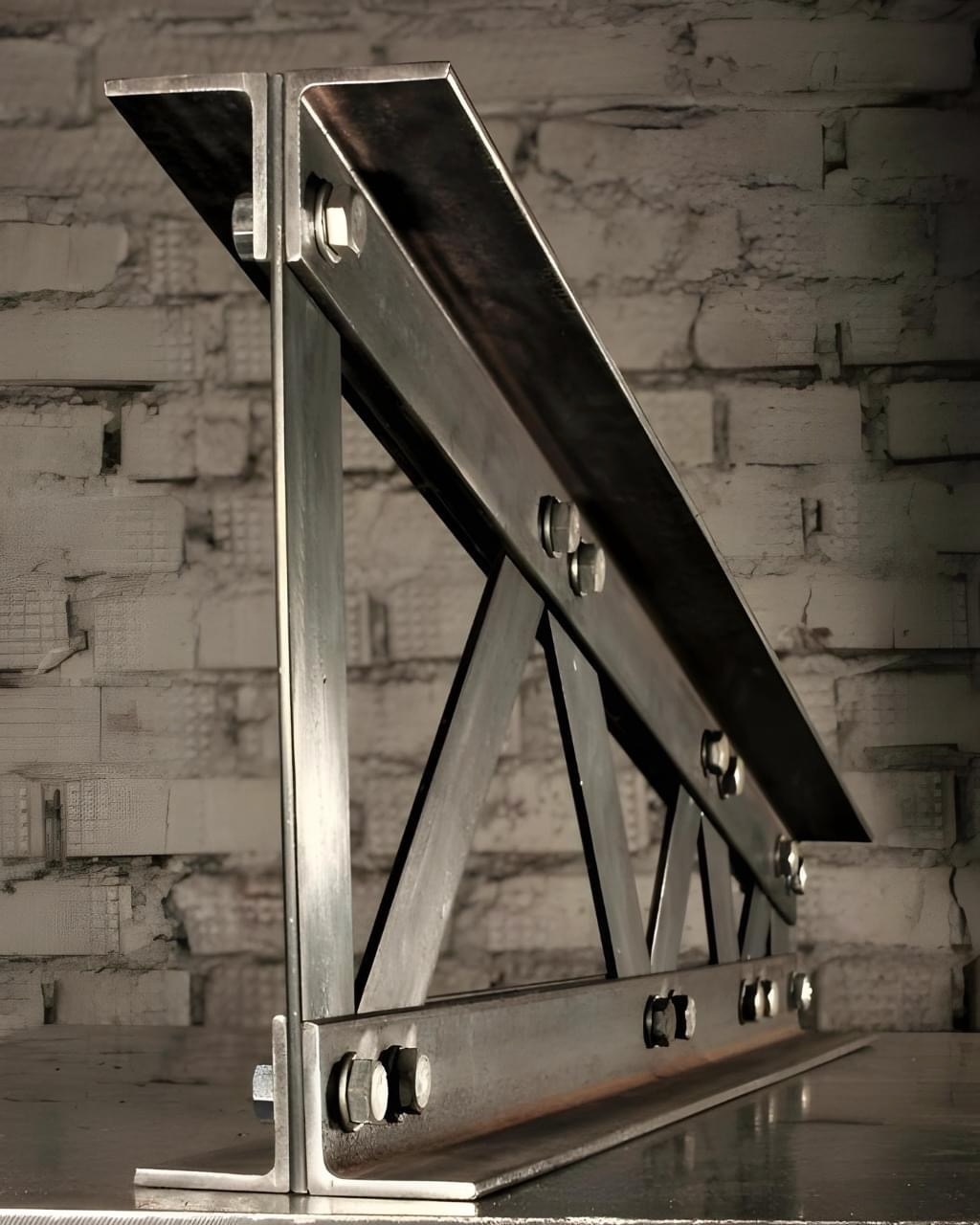 Custom fabricated steel bracket lit dramatically