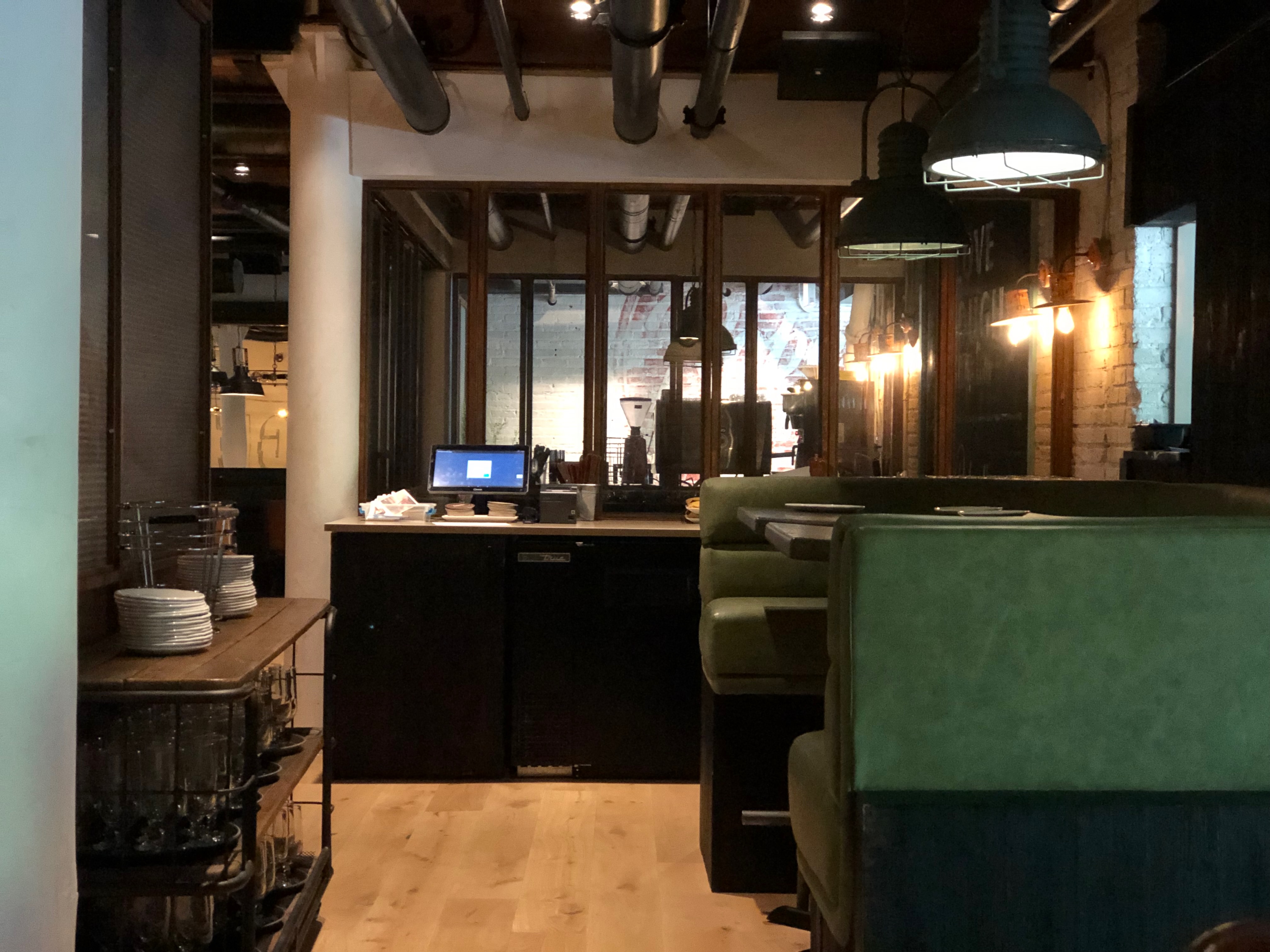 Long view across Blue Bar's lounge seating and service area
